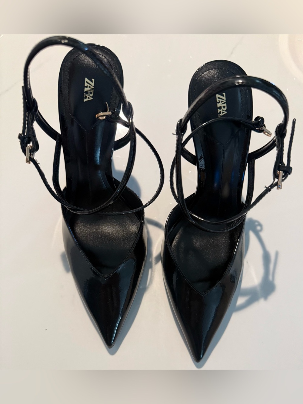 Zara strappy pointy slingback heels, patent finish ankle strap. - Picture 7 of 9